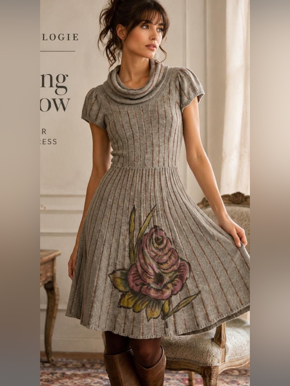 Anthropologie Gray Knit Midi Dress with Painted Rose